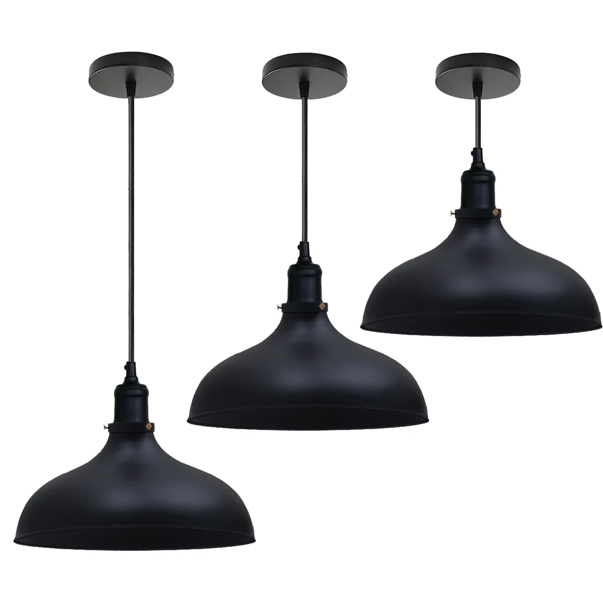 Black metal pendant light with dome shade, adjustable chain, retro industrial ceiling light style