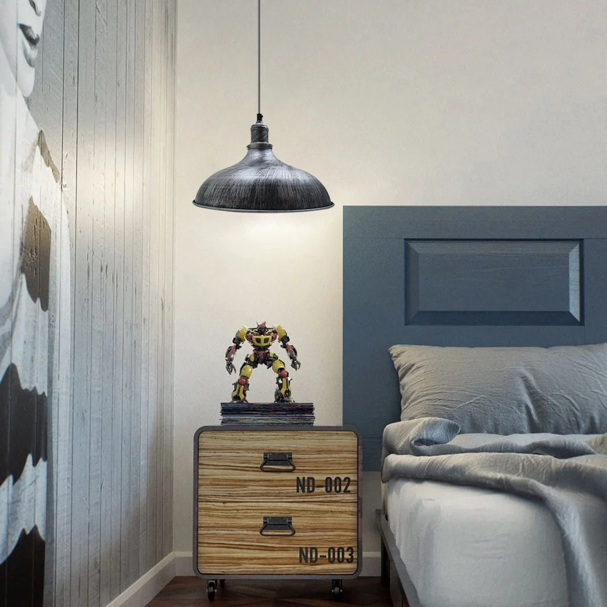 Brushed silver industrial retro ceiling light with dome shade and adjustable wire.