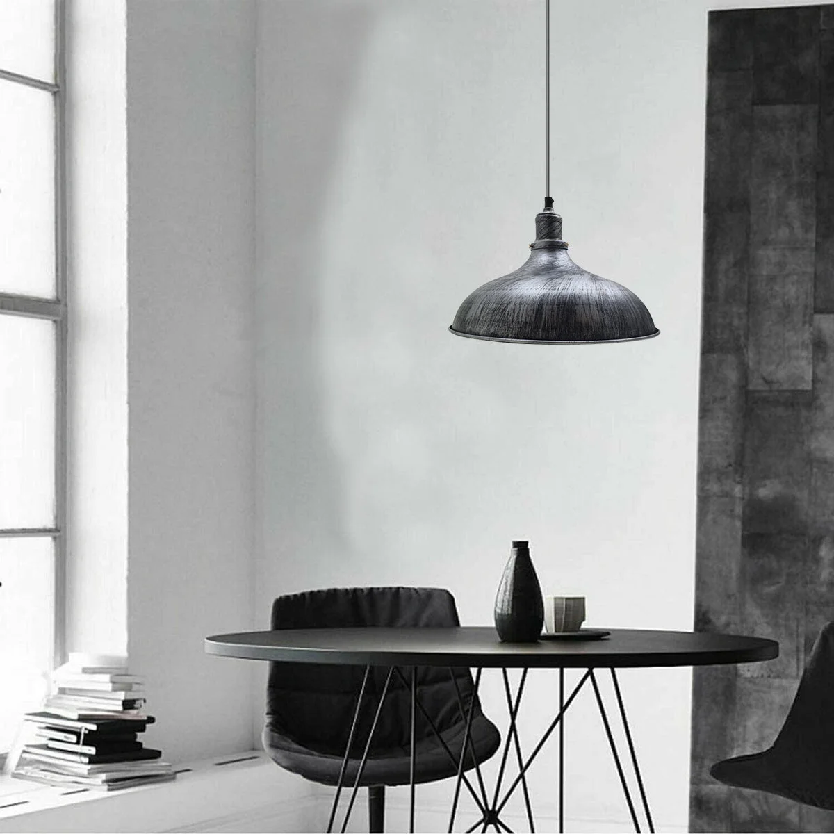 Brushed silver metal pendant light with retro industrial dome shade, adjustable 95 cm cord, E27 base, 10 cm ceiling rose.