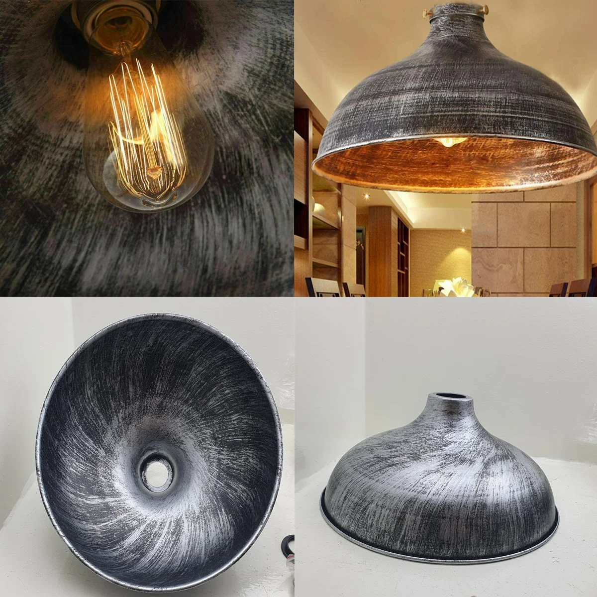 Brushed silver E27 pendant lighting with retro industrial metal lampshade and adjustable chain.