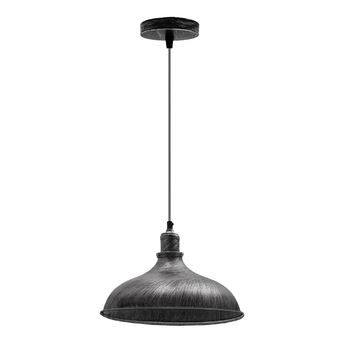 Brushed silver metal industrial pendant light with dome shade, adjustable 95cm wire, E27 base, retro style