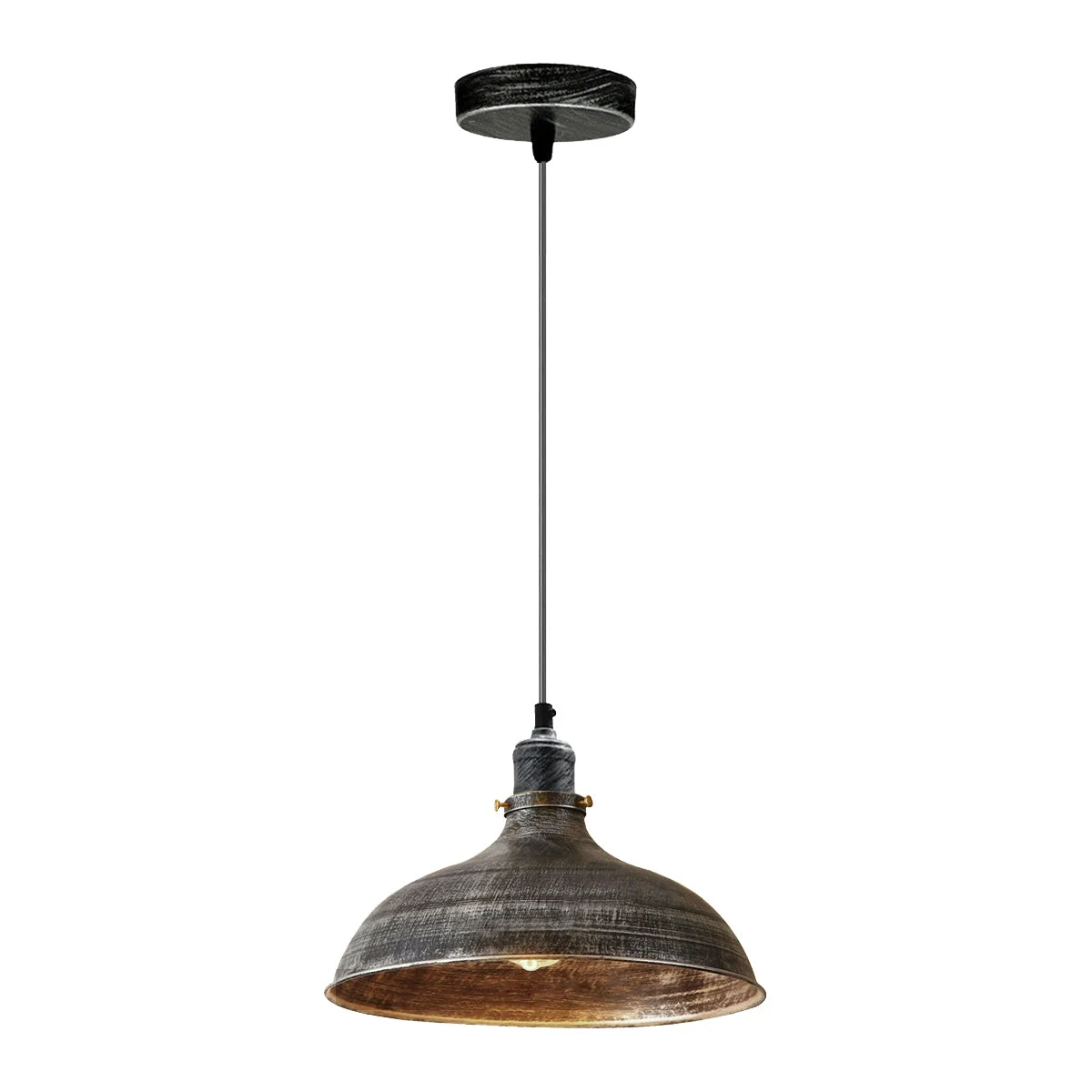 Brushed silver metal pendant with dome shade, 95cm adjustable chain, forming a vintage style ceiling light.