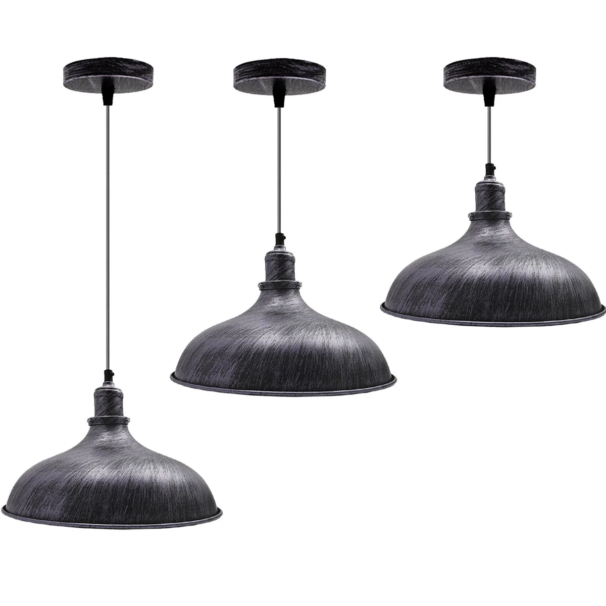 Brushed silver industrial pendant light with metal dome shade, adjustable chain, 95cm cable, E27 base.