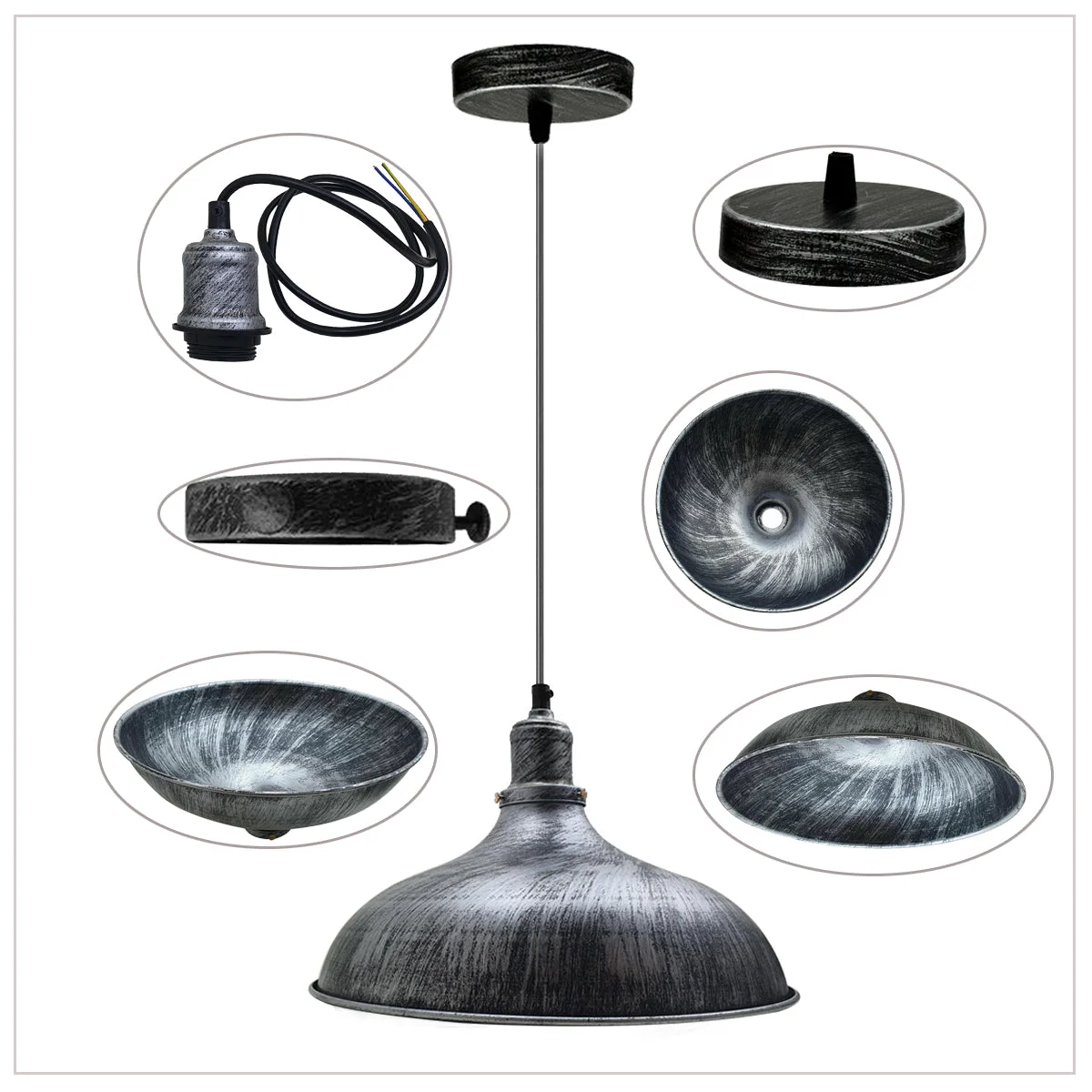 Brushed silver metal industrial pendant light with dome shade, 10cm diameter, 95cm hanging chain.