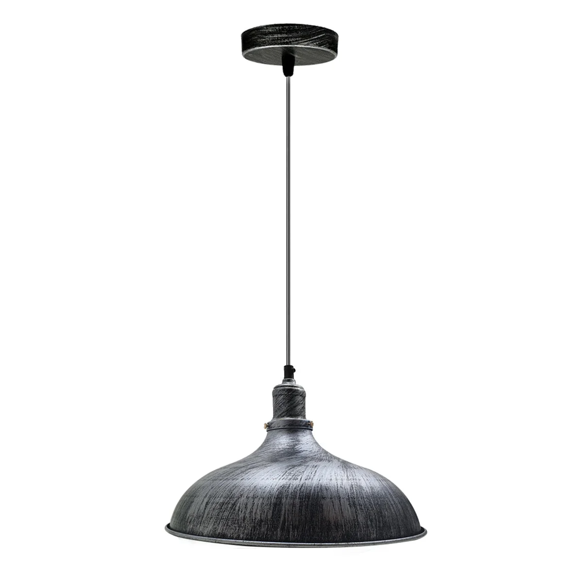 Brushed silver industrial pendant light with dome shade hanging over a kitchen countertop