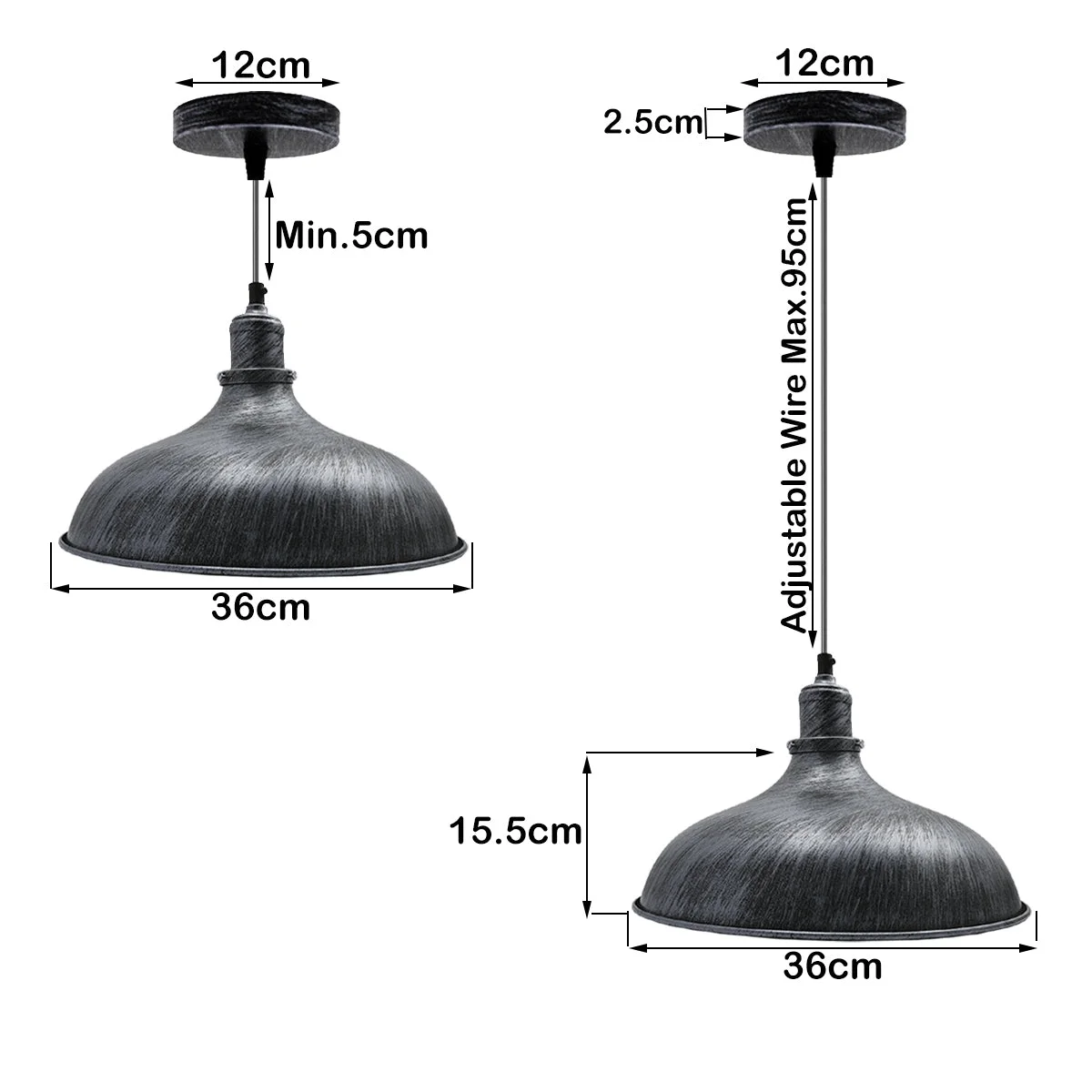 Brushed silver metal barn pendant light with dome shade, hanging from adjustable chain, an industrial pendant light.
