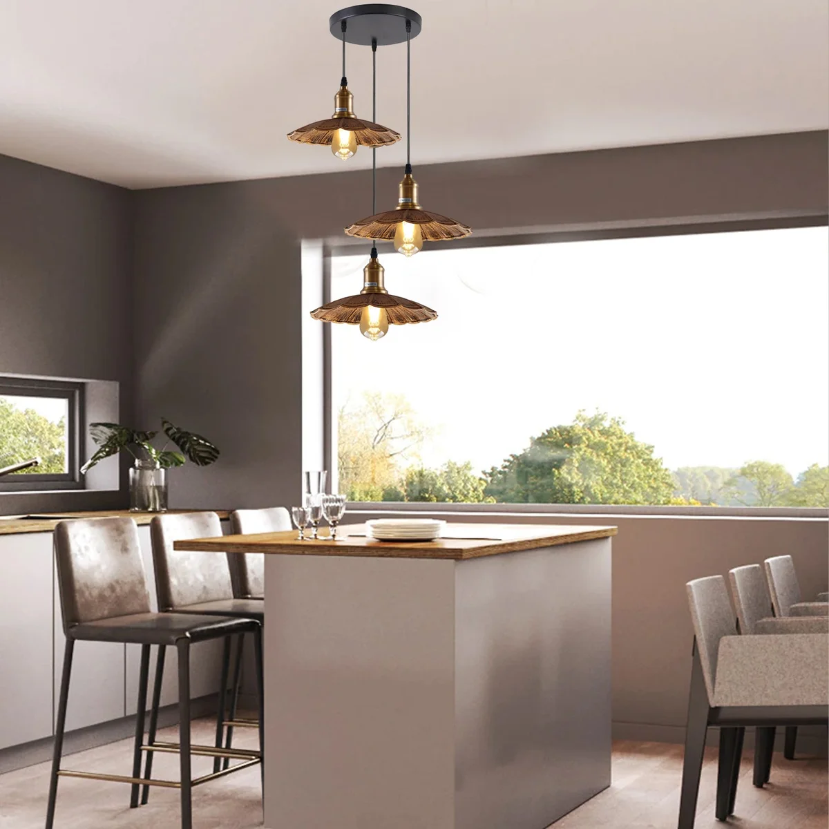 Modern mid century pendant light in brushed copper with three PVC light shades and 95cm cable.