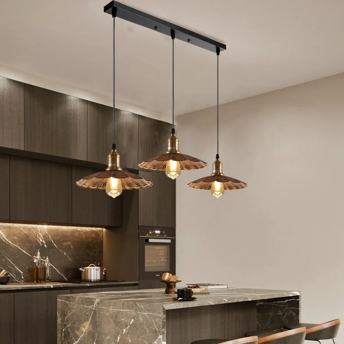 Modern umbrella-shaped pendant light with brushed copper finish, three hanging lights, PVC cable and metal base.