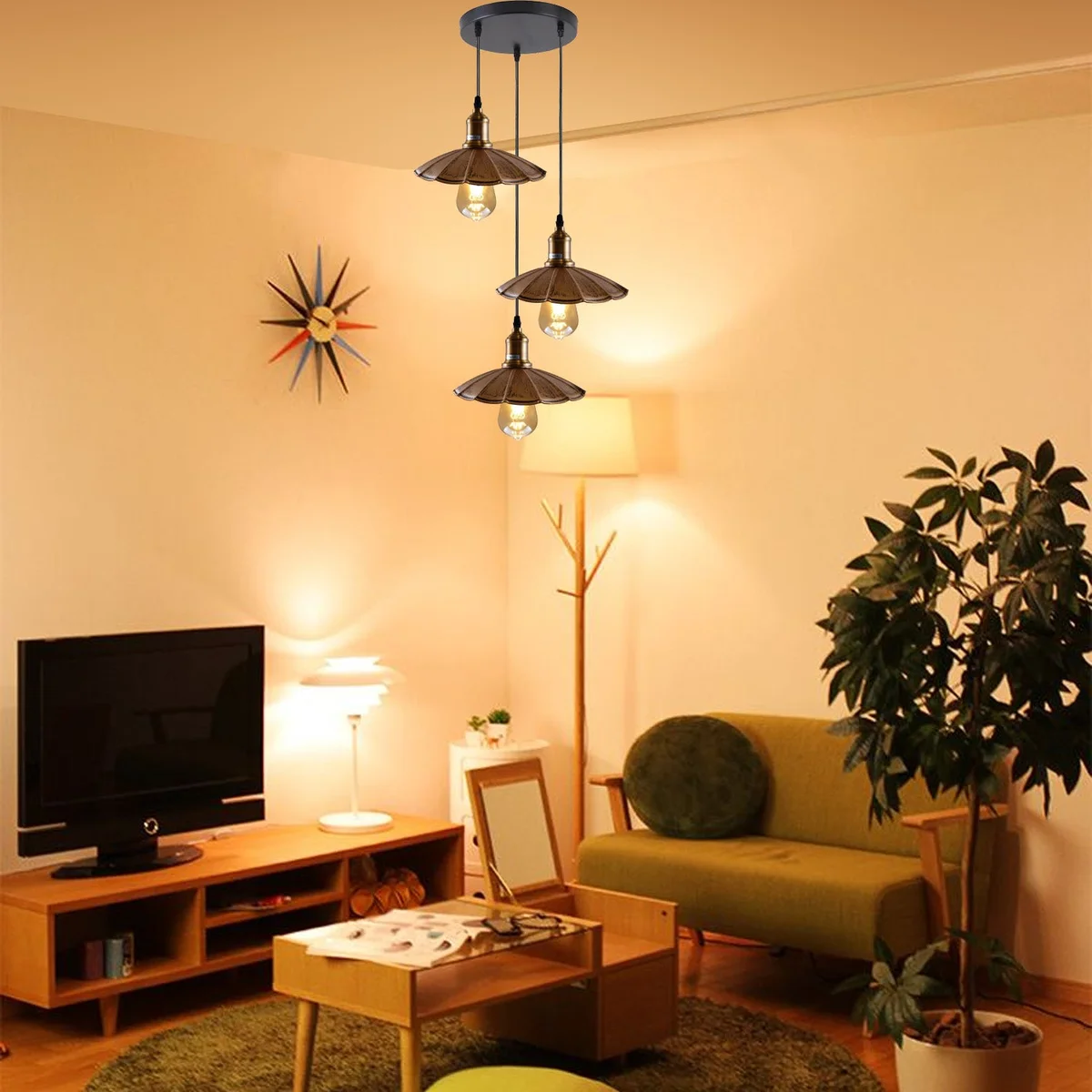 Brushed copper pendant lamp with umbrella design, three shades, 95cm cable, styled as a brushed copper ceiling light.