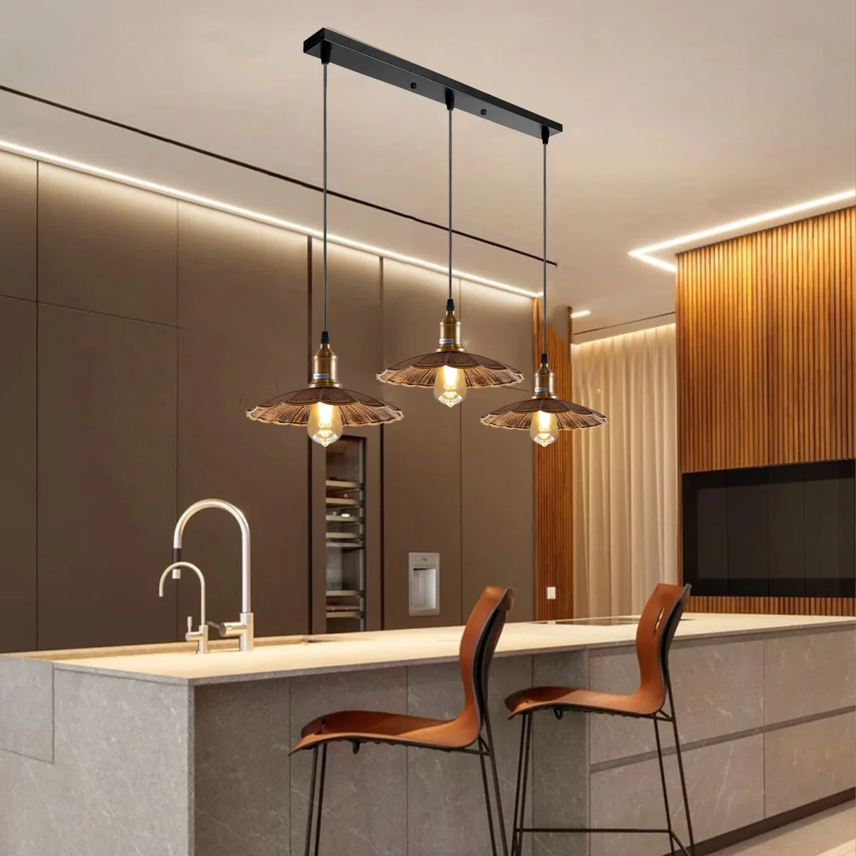 Modern mid‑century umbrella‑shaped E27 bulb pendant light in brushed copper, metal frame, PVC cable, 3 holders, 3 shades.