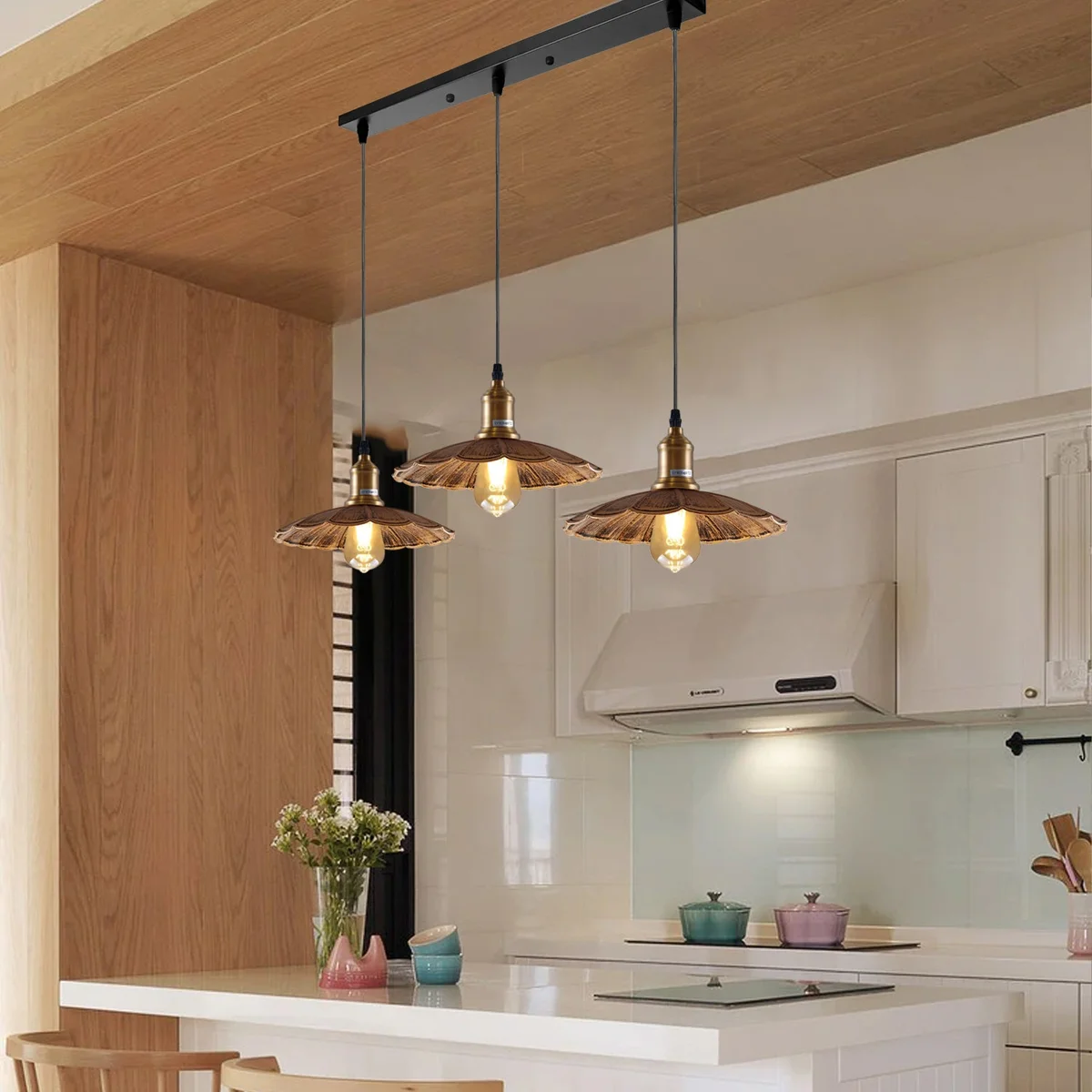 Modern metal pendant lamp in brushed copper, mid‑century umbrella shape with 3 light holders and long PVC cable.