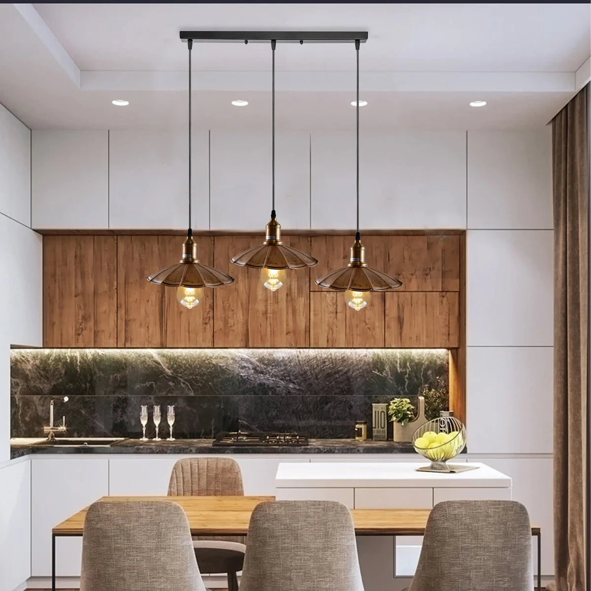 Three light ceiling pendant in brushed copper, modern mid‑century umbrella shape with metal frame and PVC cord