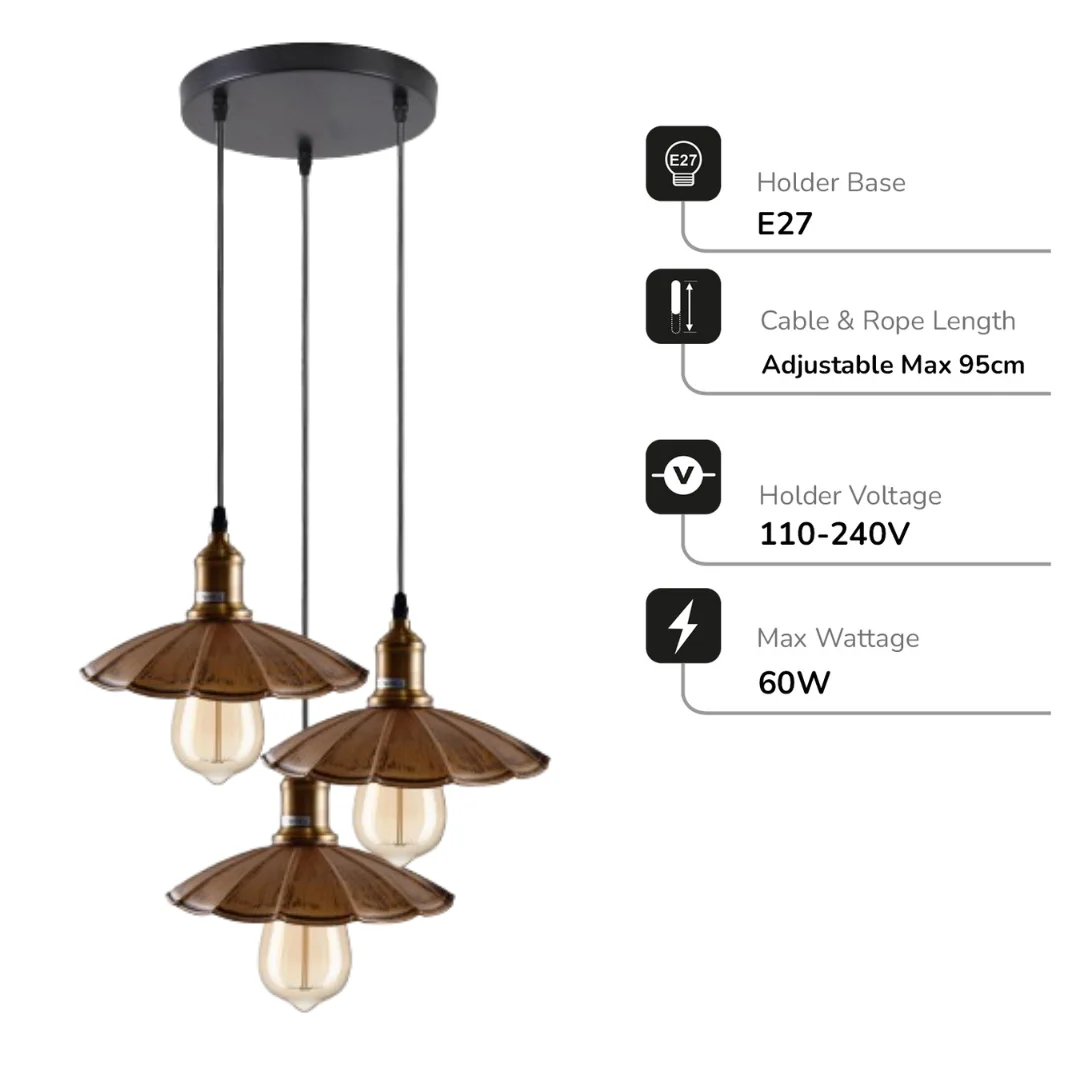 Brushed copper mid century pendant light, umbrella-shaped with three metal holders and shades hanging from a 50cm metal plate