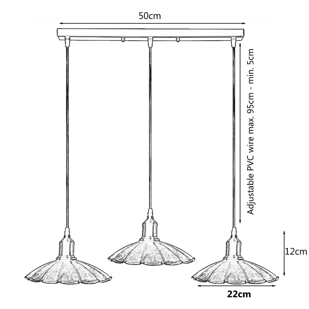 Mid century pendant light in brushed copper, umbrella shape, 3 E27 holders, 95 cm PVC cable.