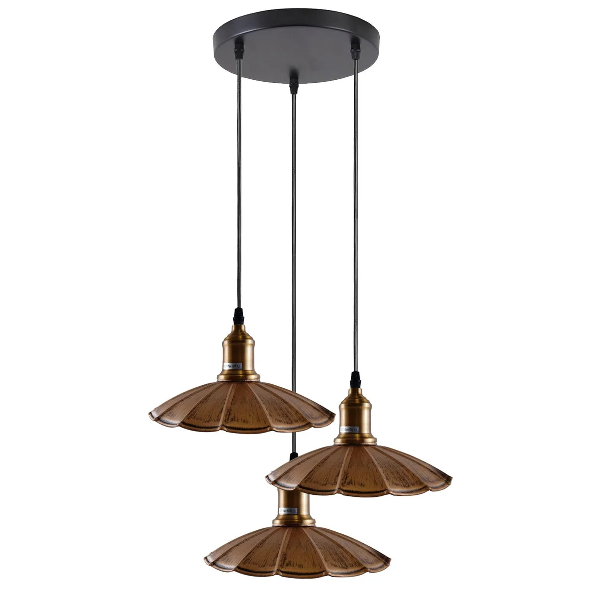 Mid century pendant light with brushed copper metal shade, umbrella shape, 3 lights hanging from 95cm cable