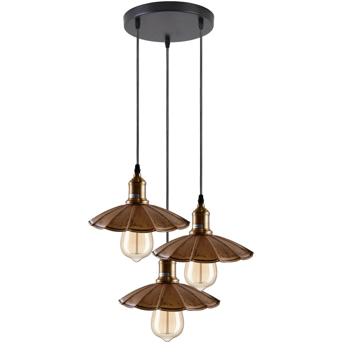 3‑headed brushed copper pendant light with wavy metal design hanging from ceiling, featuring PVC cable and E27 lamp holders
