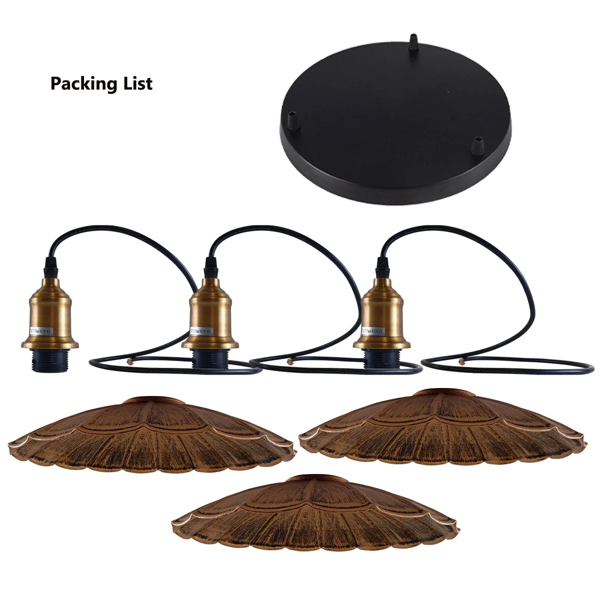 Industrial 3 head ceiling light with brushed copper wavy metal pendant lamps and PVC cables.