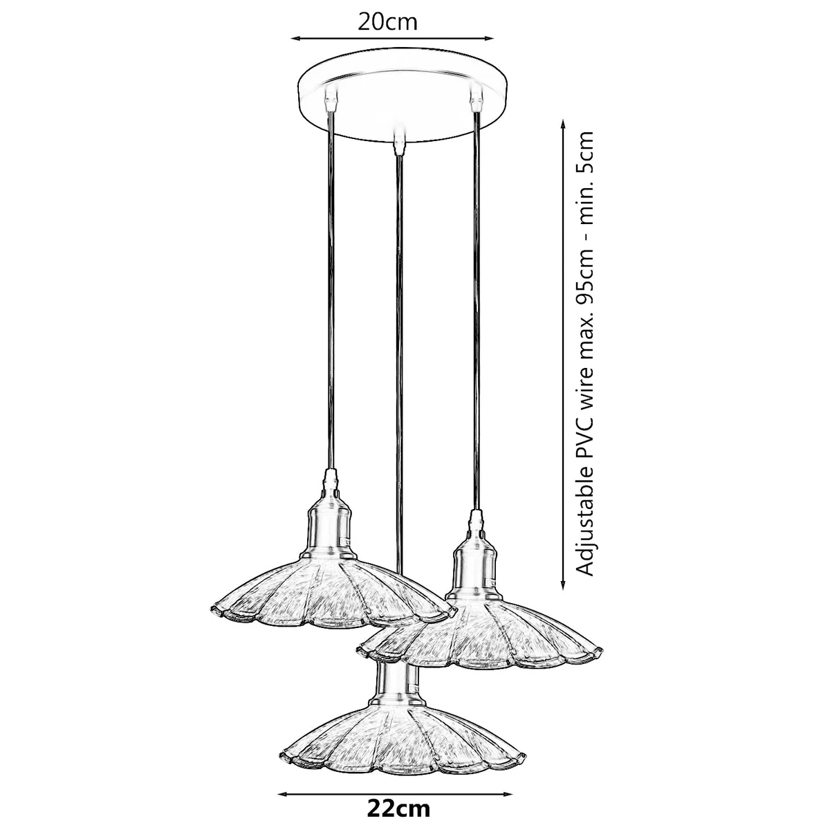 Three‑head brushed copper metal ceiling light fixture with wavy design, PVC cable, 20 cm round base.