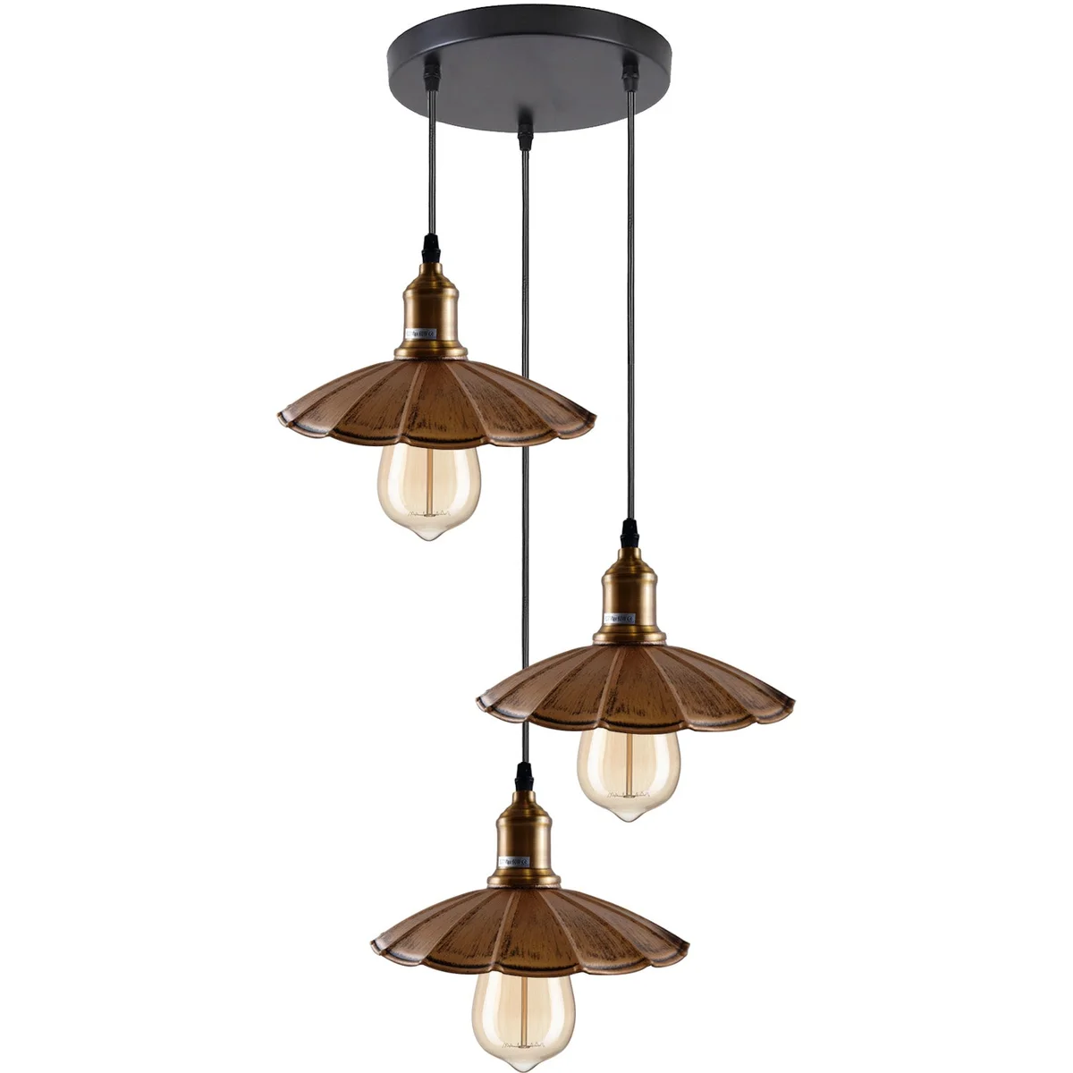 Brushed copper ceiling pendant light with three bulb holders, hanging 95 cm, creating warm ambient lighting