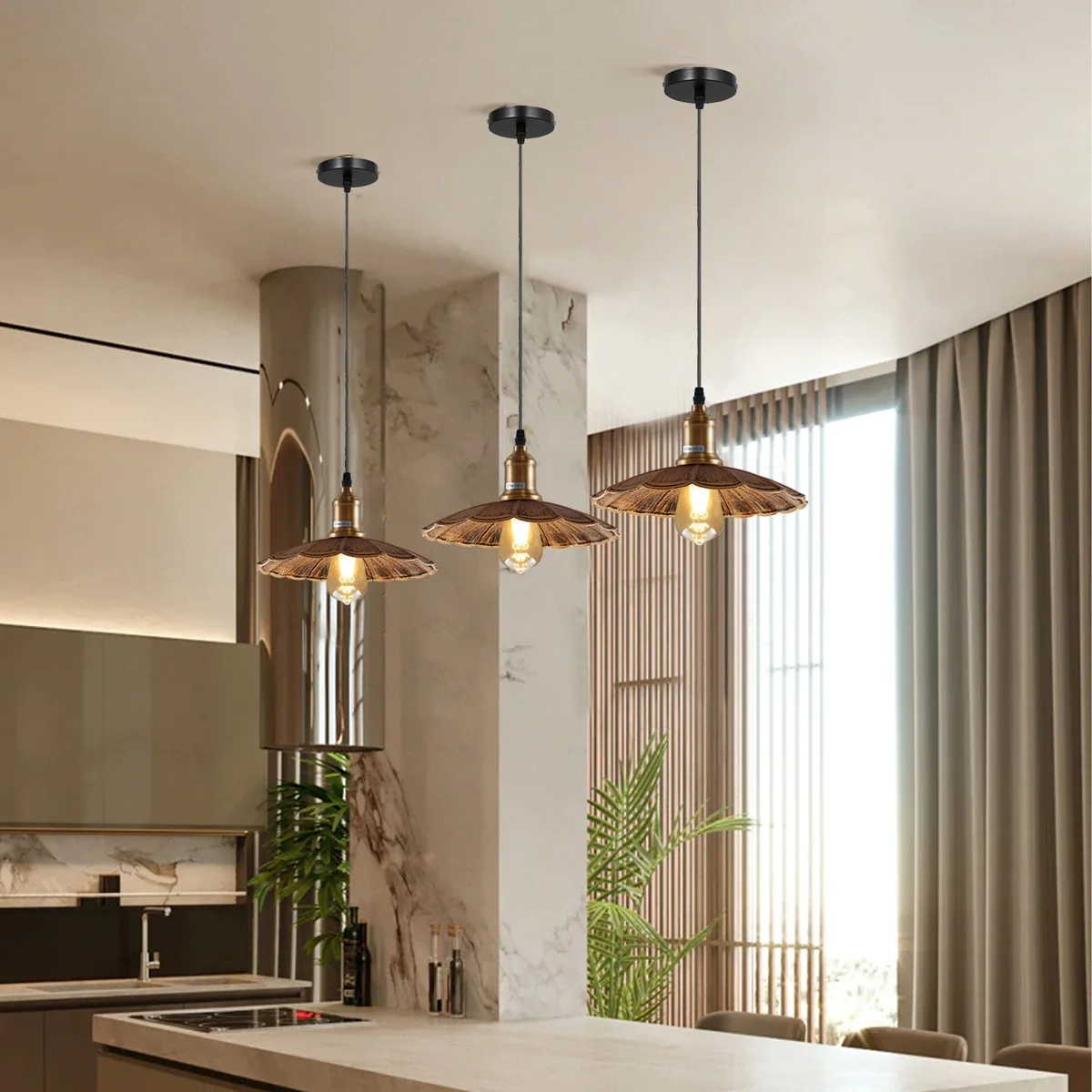 Brushed copper ceiling pendant light with wavy metal design, 95cm cable, stylish home decor