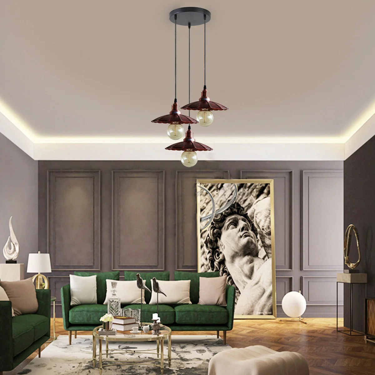 Three rustic red wavy metal pendant lights hanging from ceiling, a 3 outlet ceiling pendant light set with black bases.