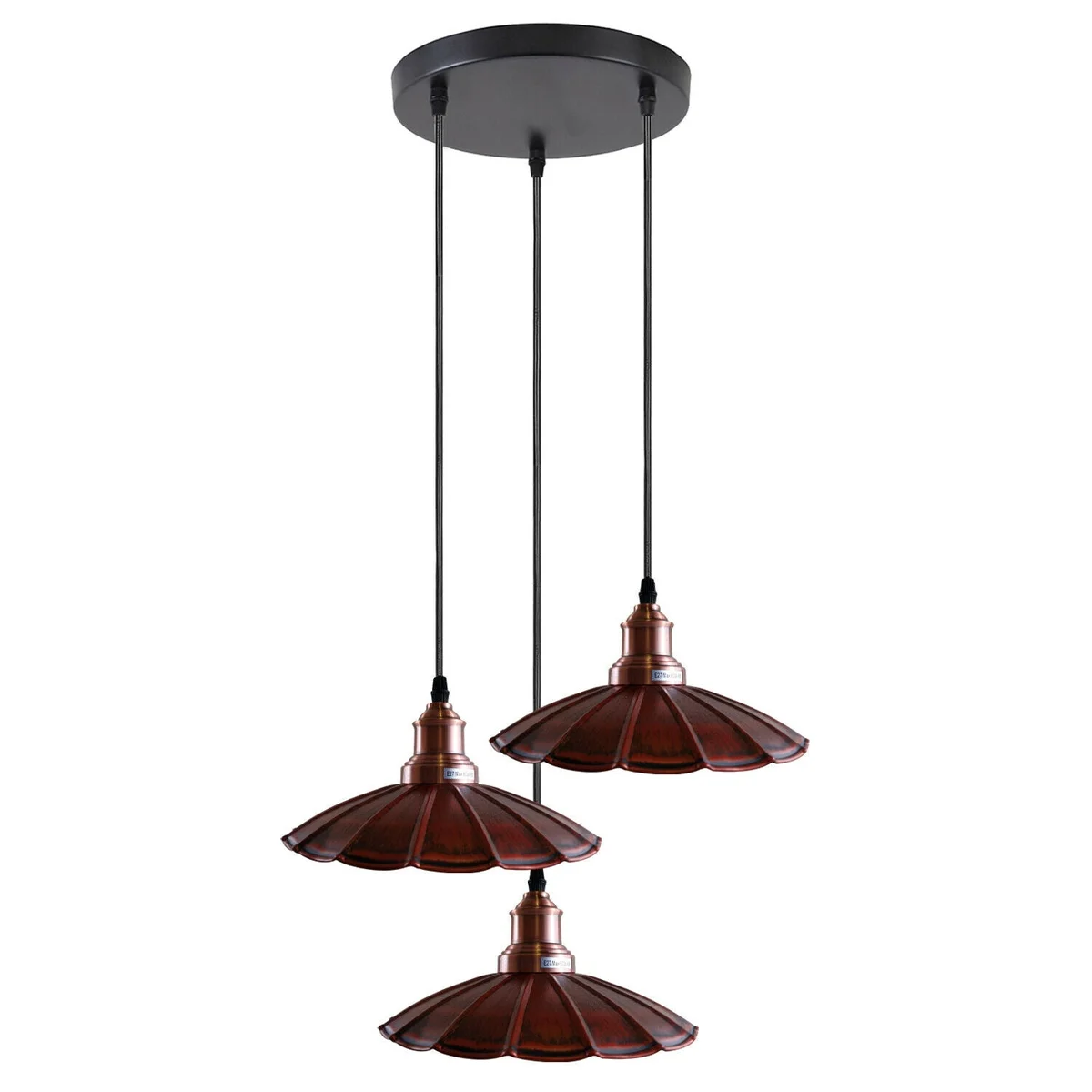 Three-point rustic red pendant light with wavy metal shades hanging from 95 cm PVC cable.