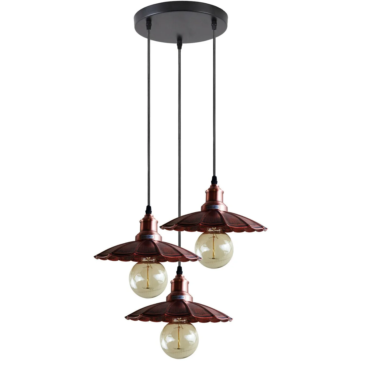 Three rustic‑red wavy metal ceiling light fixtures hanging with 95 cm PVC cable