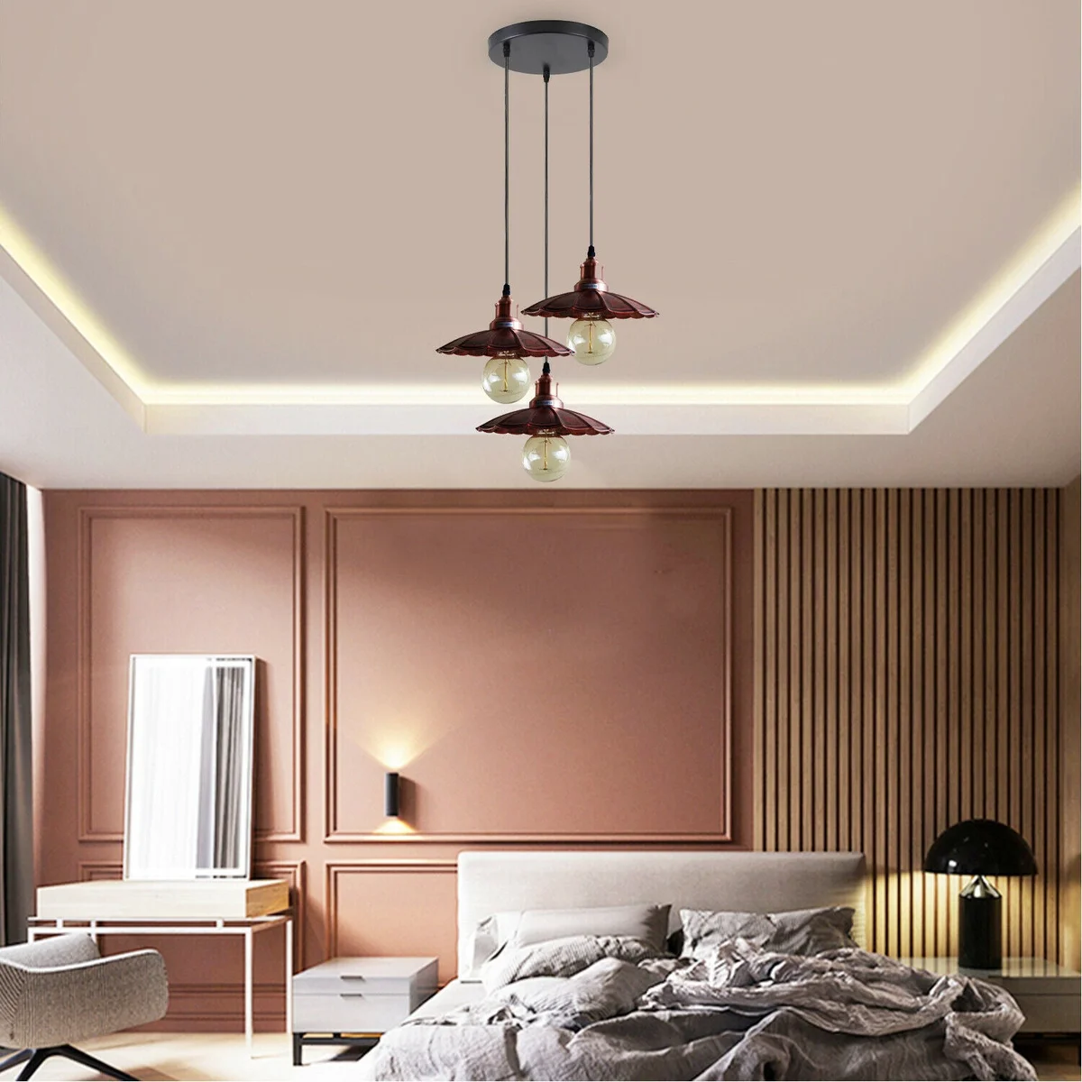 Three E27 pendant lights in rustic red waves, metal shades with PVC cords, mounted on ceiling plate, 95cm cord