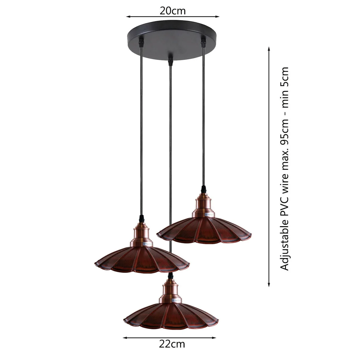 3 head pendant light with rust‑red wavy metal shades hanging on black ceiling plate, 95cm PVC cable, E27 bases