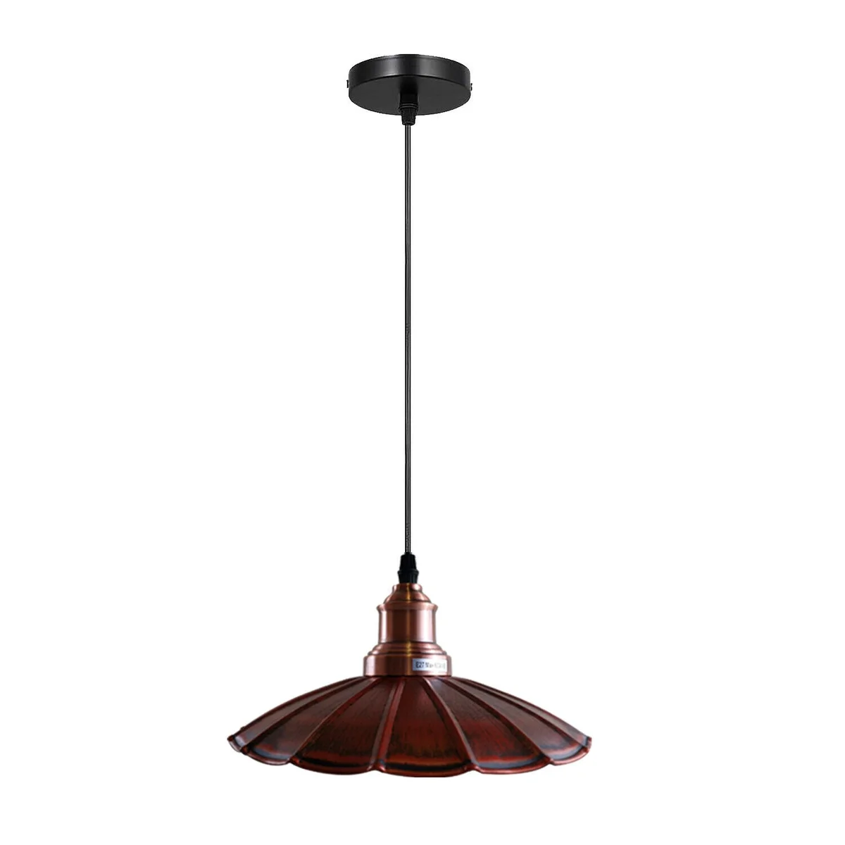 Wavy metal pendant light hanging from a black base, featuring a rustic red shade and a 95 cm PVC cable.
