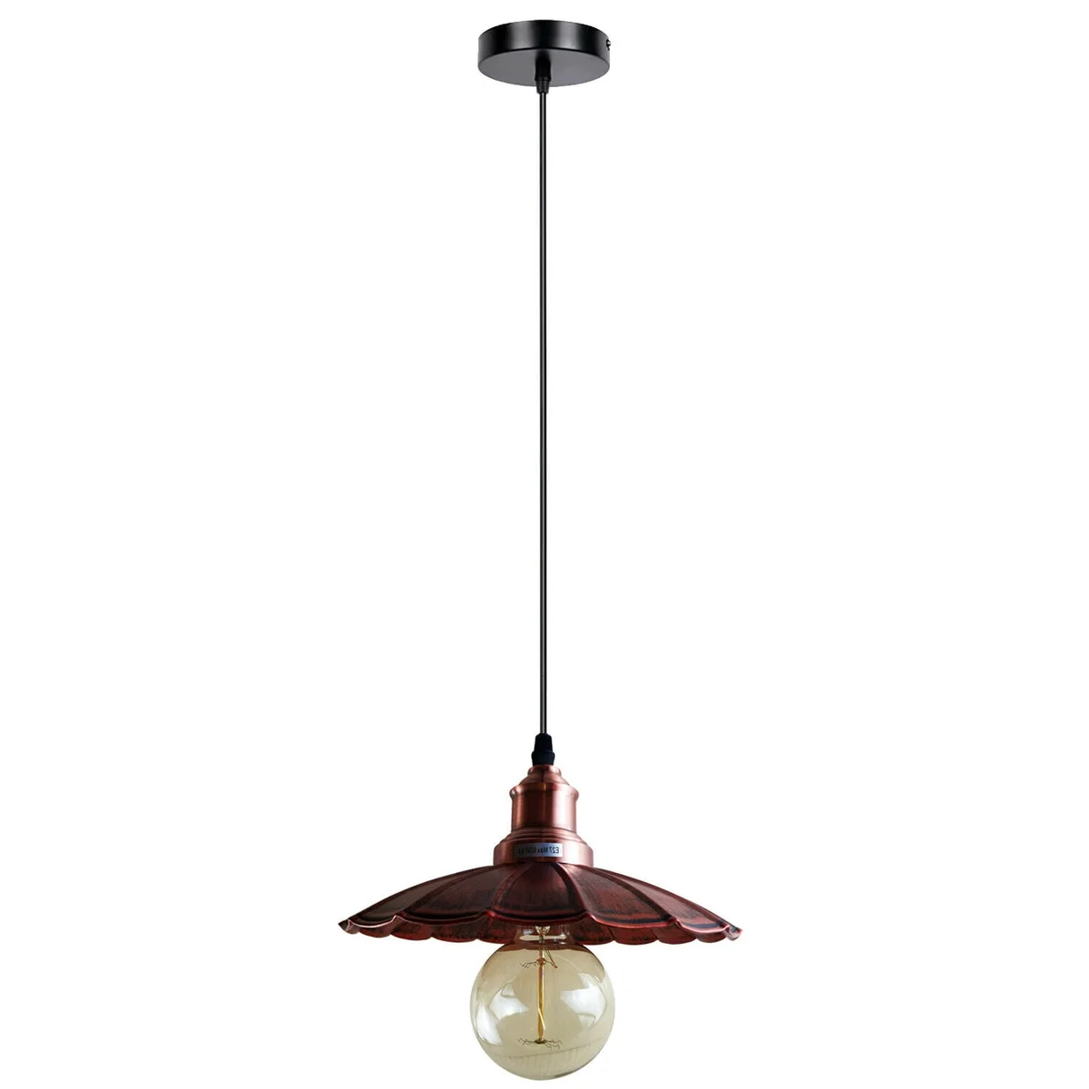 Black and red ceiling lamp: metal wavy pendant with round base and 95cm PVC cable.