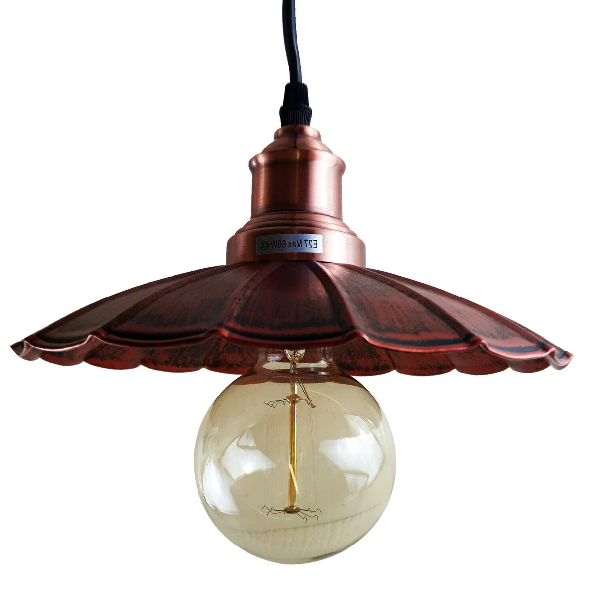Rustic red wavy metal pendant light with black E27 pendant light fitting, 95cm PVC cable, round 10cm ceiling plate