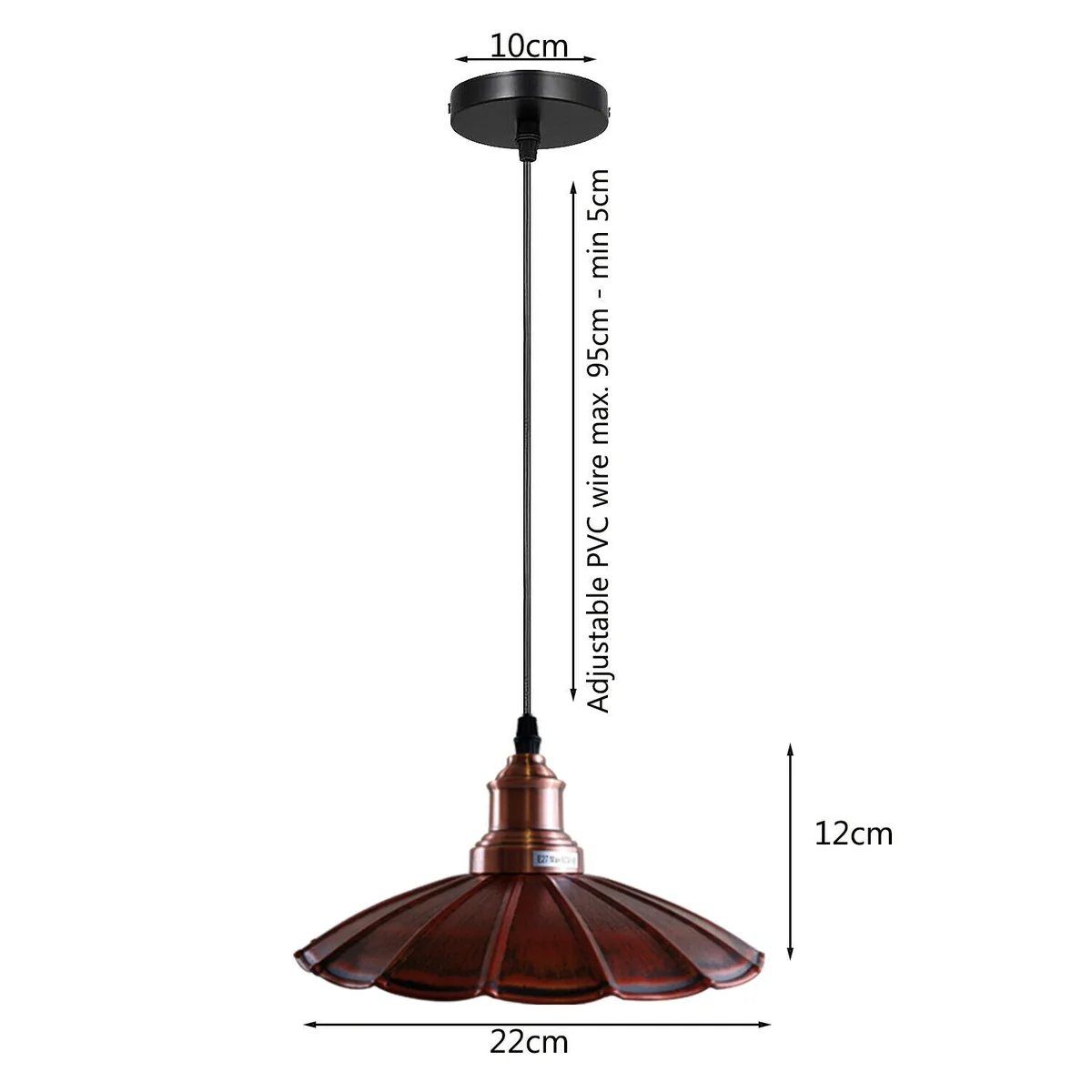 Black and rustic red metal pendant with PVC cable, round ceiling plate, and light shade on a metal and PVC ceiling light.