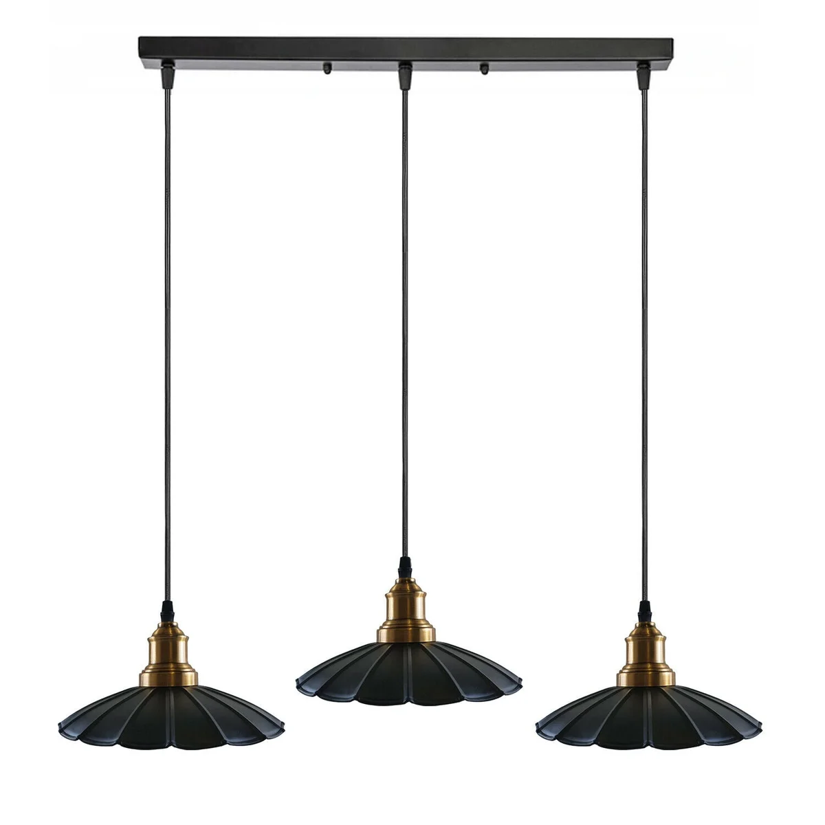 Black 3 pendant ceiling light with gold holders, 95cm cable, 50cm base plate