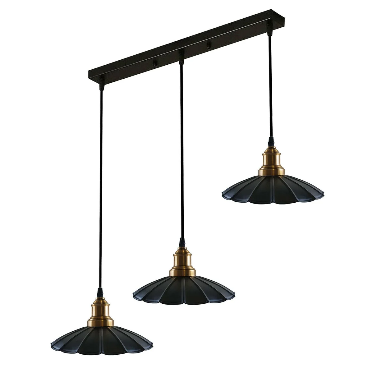 Black metal E27 bulb pendant light with three gold light holders suspended by 95cm PVC cable