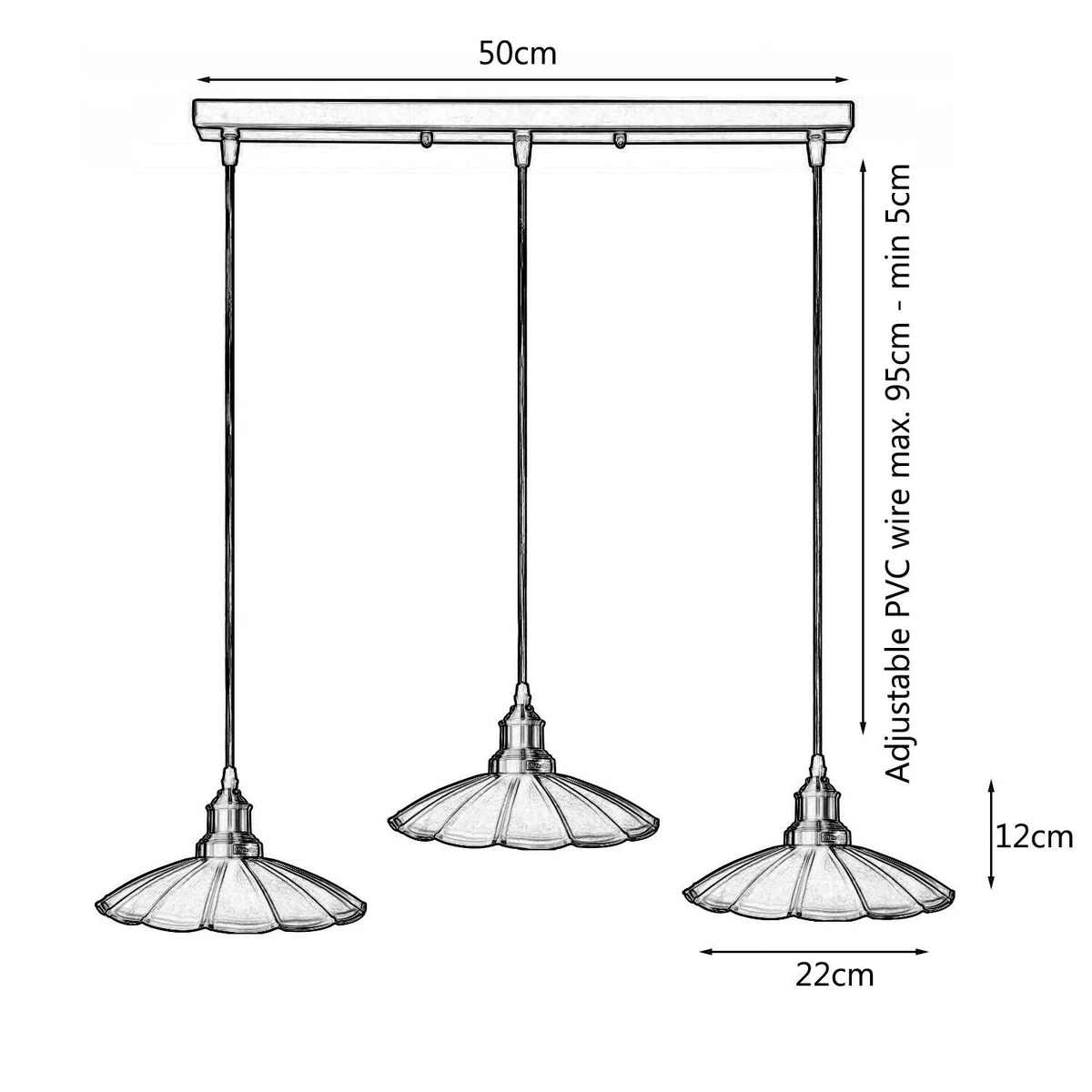 Black ceiling light with three gold‑plated light holders, 95 cm cable, 50 cm by 2.5 cm ceiling plate.
