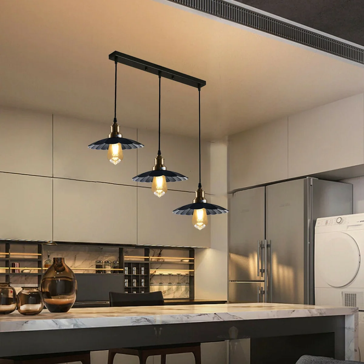 Black PVC cable pendant light with a gold holder and three light shades, 95 cm cable
