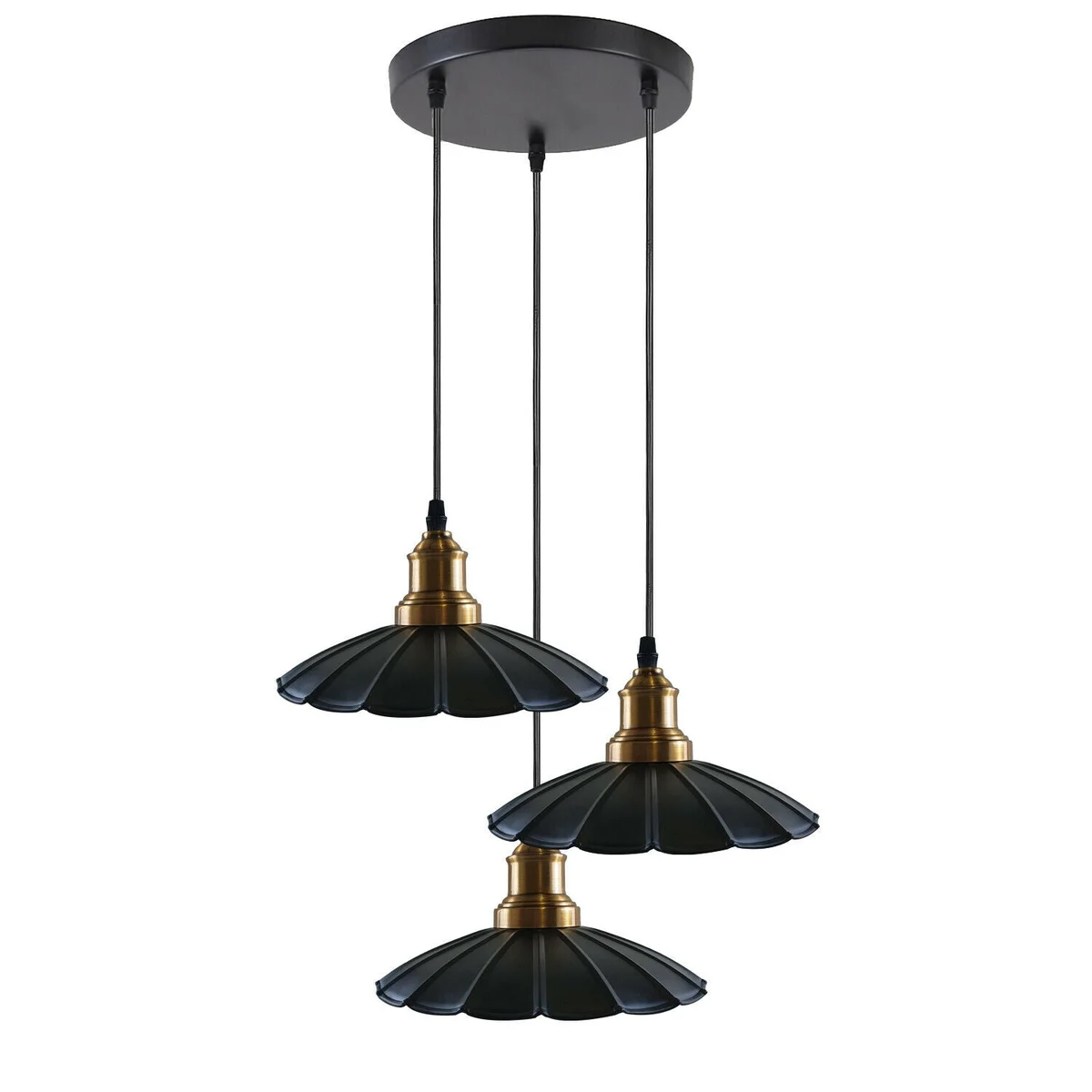 3 outlet pendant light with black metal frame, PVC cable, round base, includes three bulbs holders.
