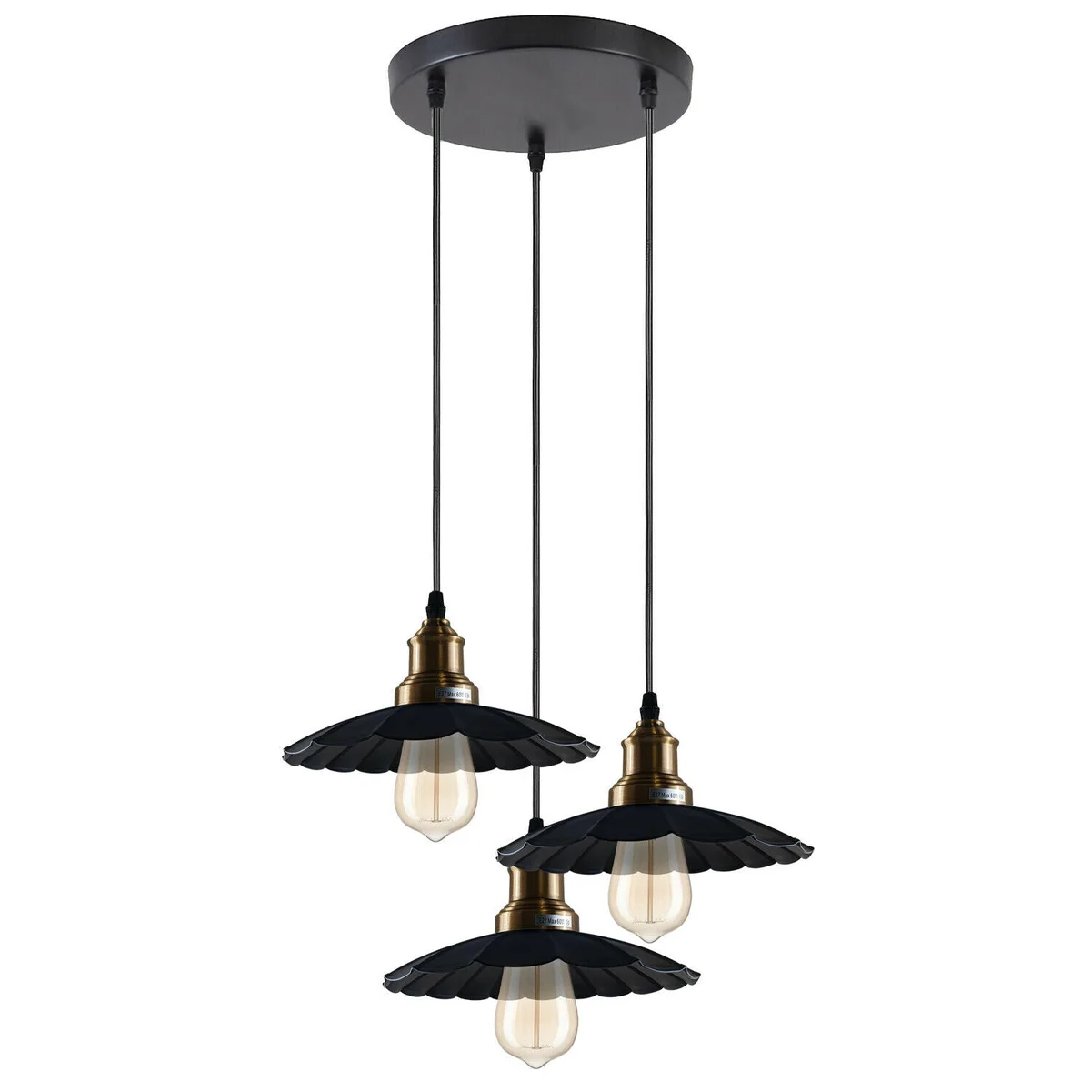 Three black wavy metal ceiling light pendant with 3 rounded light holders, hanging from a 20cm metal plate, cable below
