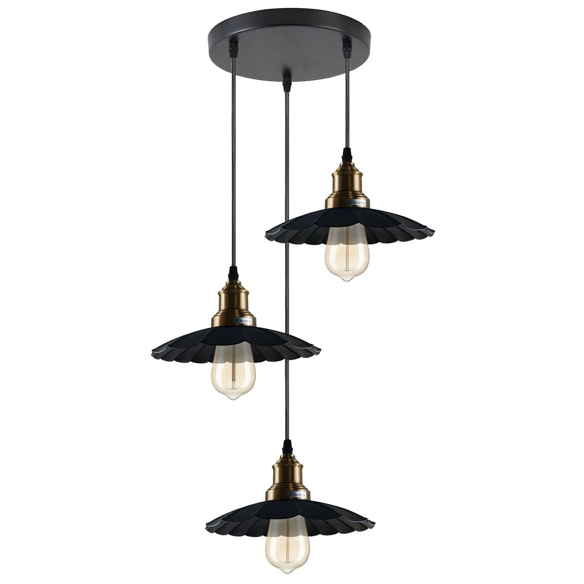 Black wavy metal ceiling pendant with 3 E27 lamp holders, 95cm PVC cable – ideal for home, restaurants, cafes.