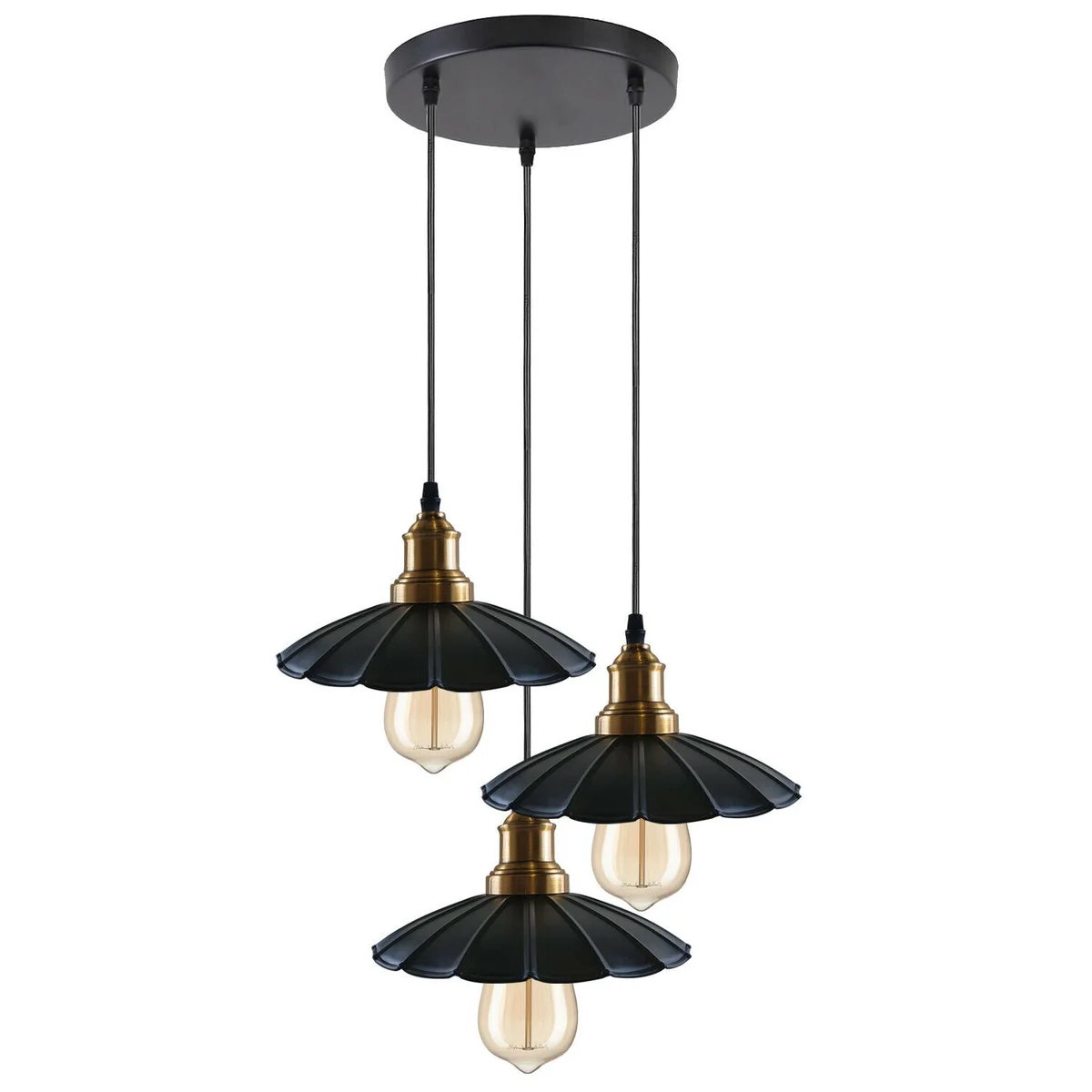 Black metal wavy 3‑outlet ceiling light, PVC cable ceiling light with 95 cm cable, round base 20 × 2.5 cm and 3 light holders