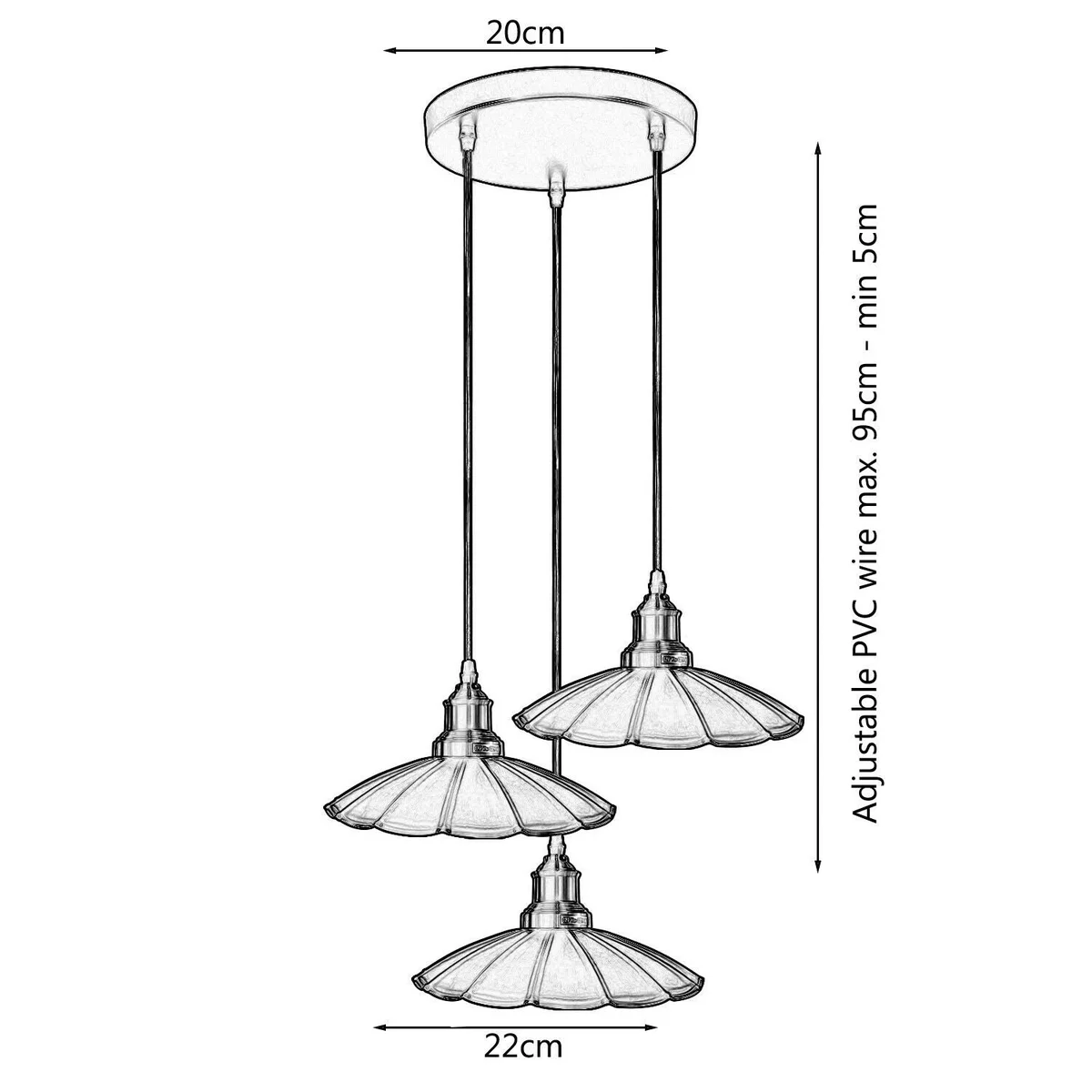 Black wavy metal ceiling pendant light with three E27 sockets, PVC cable, round 20cm ceiling plate.