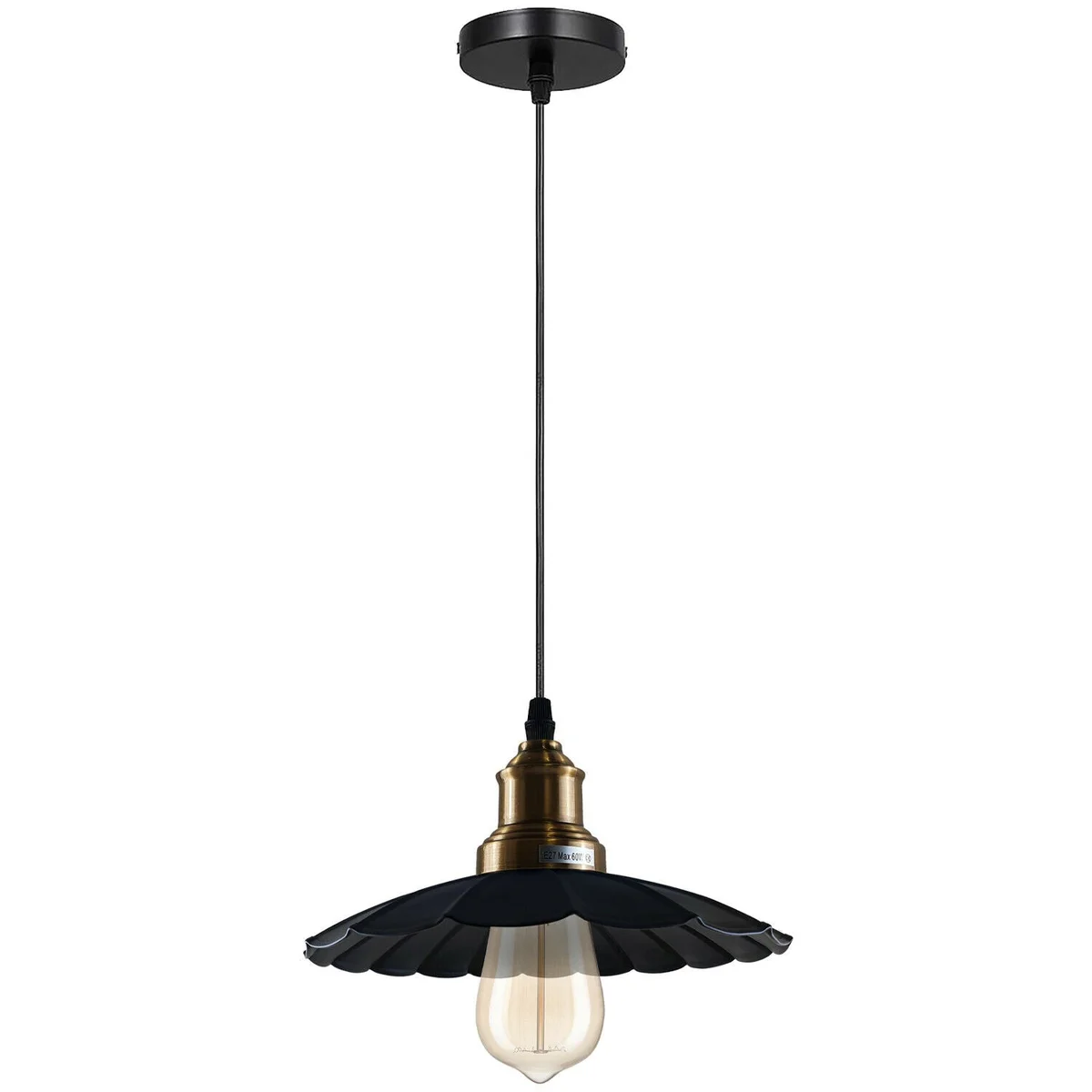 Black ceiling pendant light with wavy metal design hanging from ceiling, 95 cm PVC cable, single fixture, metal shade.