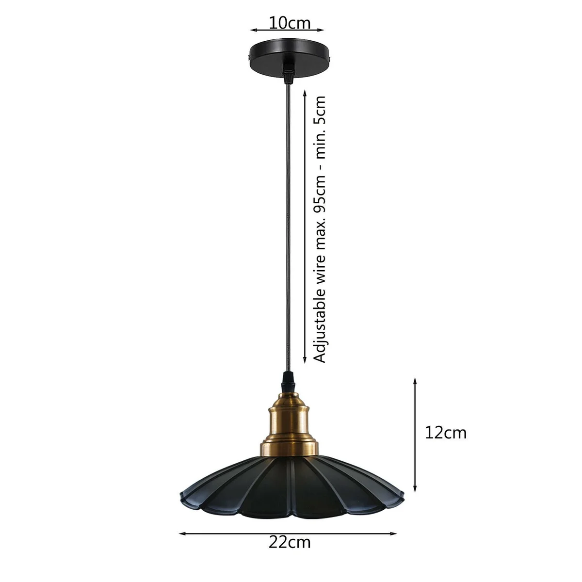 Black wavy metal pendant light with E27 base and 95cm PVC cable.