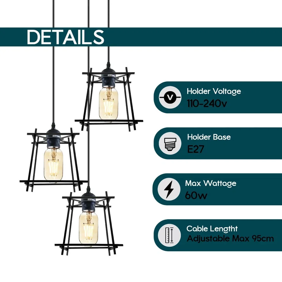 black metal and PVC wire cage ceiling pendant, 3 light holders, round 20cm base, 95cm cable – industrial style