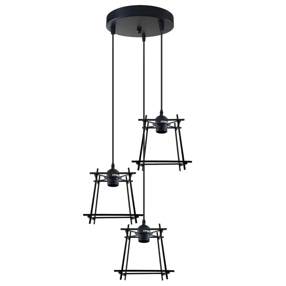 Black industrial pendant light with metal square wire cages, E27 base, 3 light holders and 90cm cable.