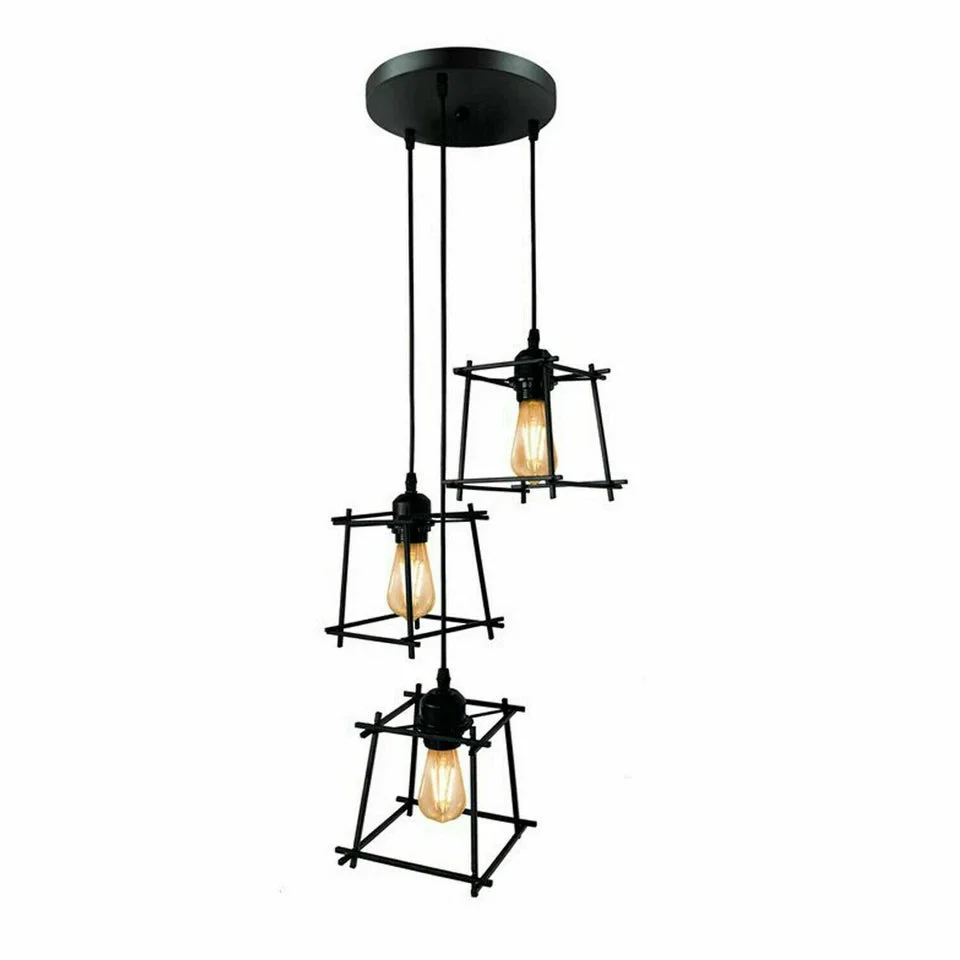 Black metal ceiling light with industrial square wire cage, hanging from ceiling with PVC cable and round base.