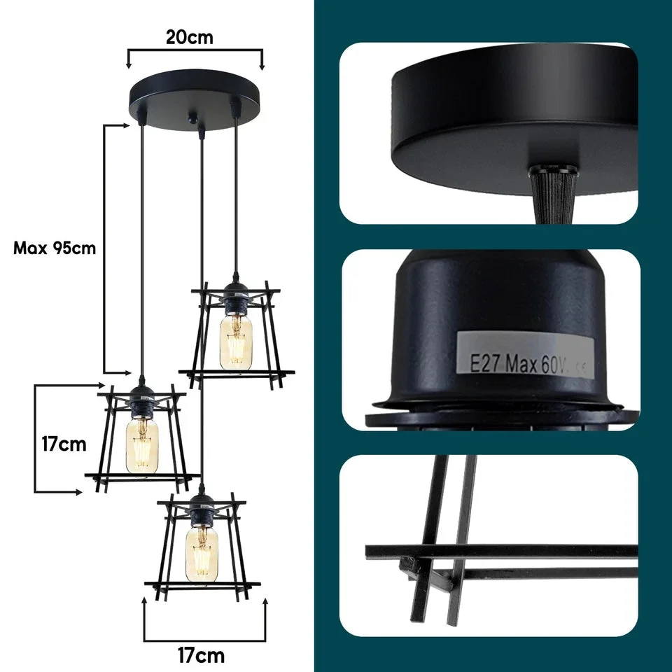 Black industrial square wire cage with a three head ceiling light, metal frame and PVC cable.