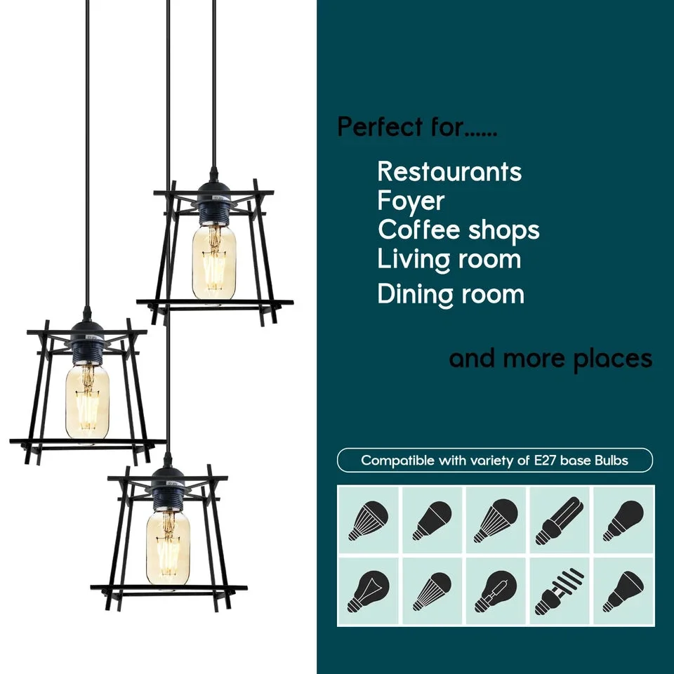 Black PVC cable pendant light with metal wire cages hanging from a PVC cable, ready for installation.