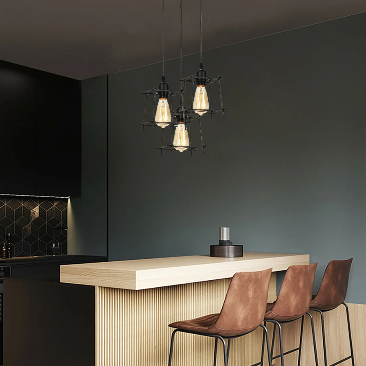 Black metal square wire cage ceiling pendant with three light holders and PVC cable